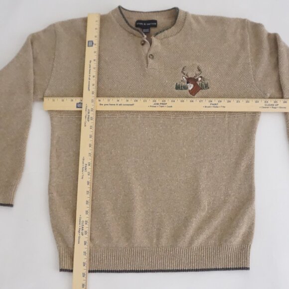 Vintage Croft & Barrow Deer Embroidered Henley Sweater Tan Cabincore Outdoors L - Picture 3 of 9